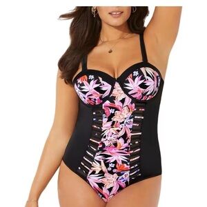 Swimsuits for All black with pink tropical print swimsuit Size 18 New with tag
